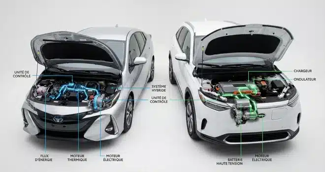 Illustration présentant les différences entre les moteurs hybrides et les moteurs électriques