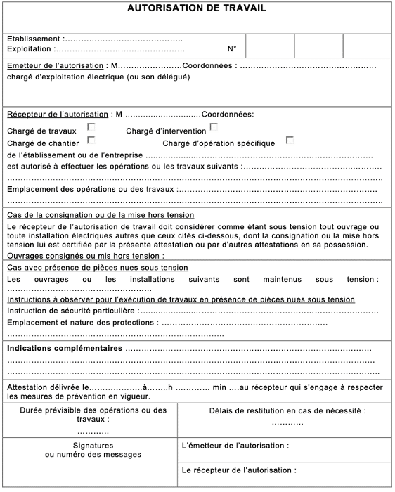 autorisation-de-travail Modèle d'autorisation de travail pour l'habilitation électrique