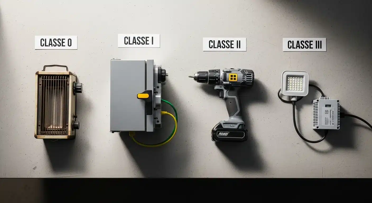 Les quatre classes de protection électrique illustrées : radiateur ancien classe 0, coffret métallique avec fil de terre classe I, perceuse portative classe II et luminaire LED avec transformateur de sécurité classe III