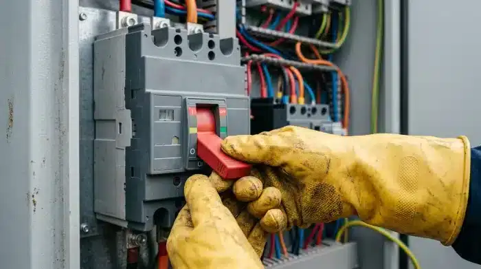 Électricien portant des gants isolants coupant un disjoncteur sur un tableau électrique pour prévenir le risque d'électrocution