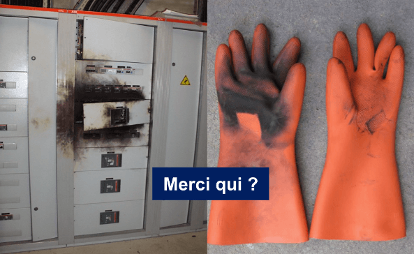epi-court-circuit-habilitation-electrique short circuit — operator protected with insulating gloves
