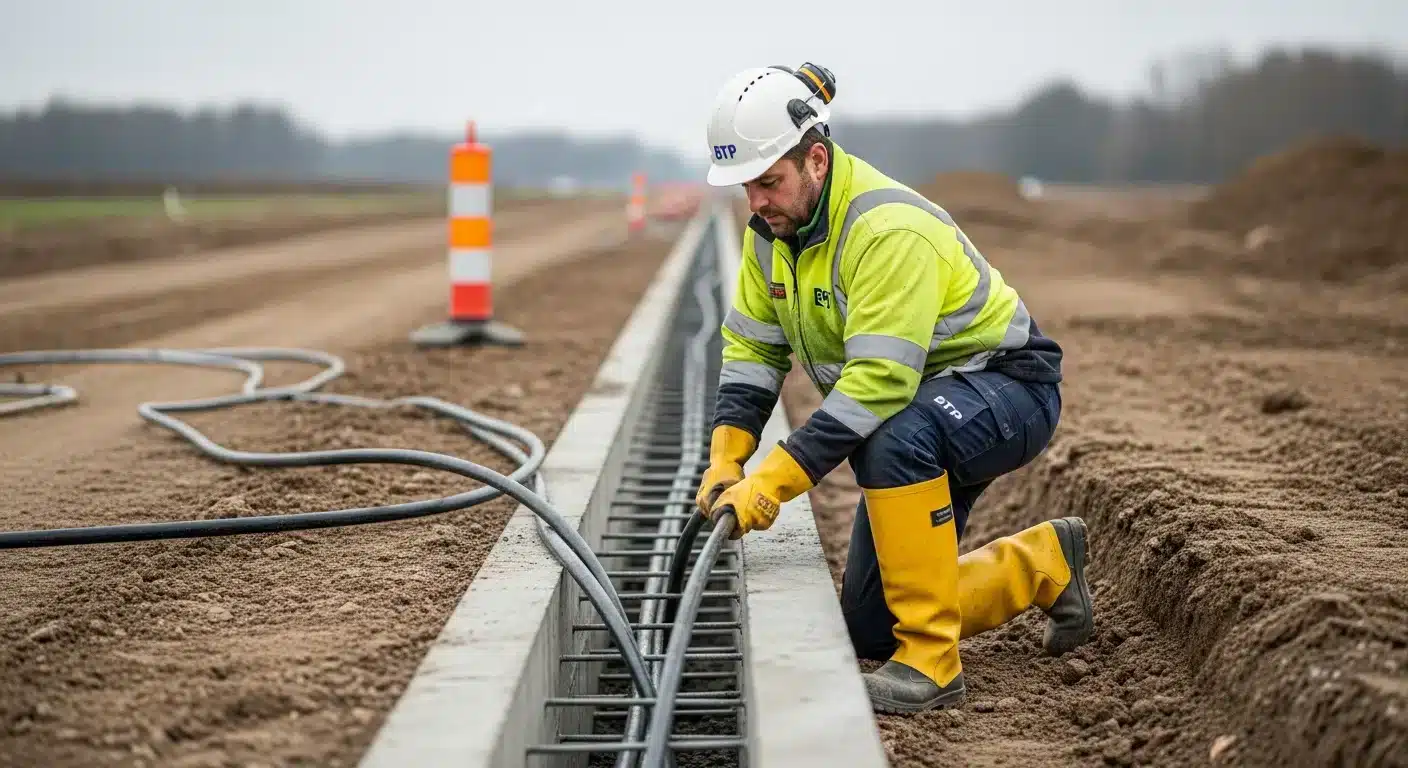 Ouvrier habilité BF HF dégageant une canalisation électrique enterrée sur un chantier de fouille