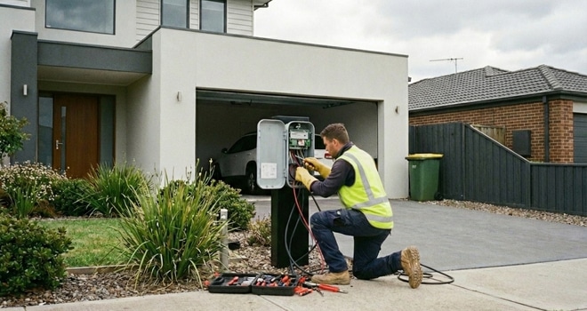 Electricien certifié IRVE réalisant une maintenance sur une borne de recharge
