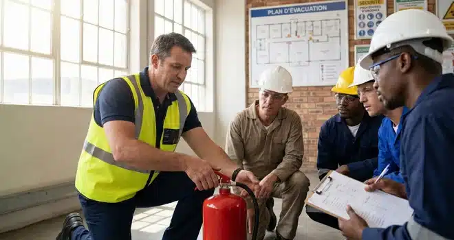 Formateur montrant comment manipuler un extincteur au sein d'une entreprise